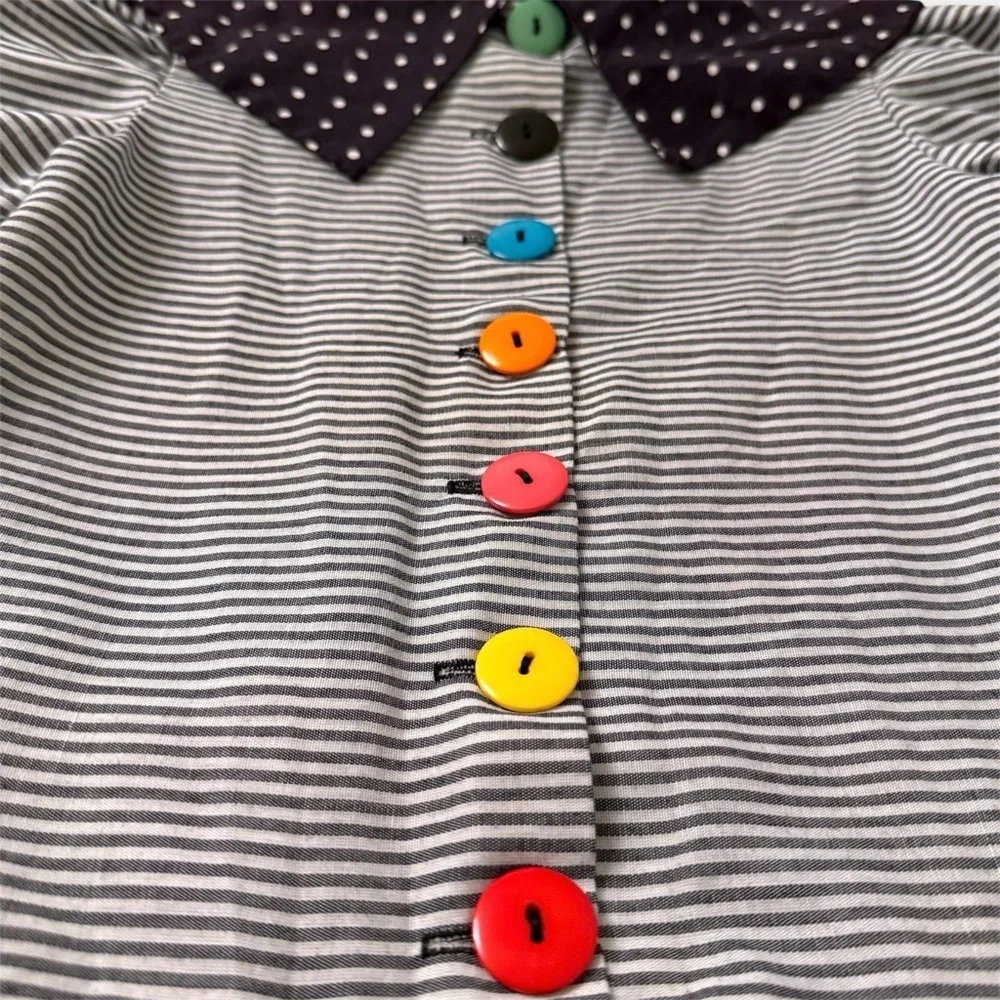 Vintage Youngland Girls Dress Sz 6 80s Polka Dot Collar Colorful Rainbow Buttons
